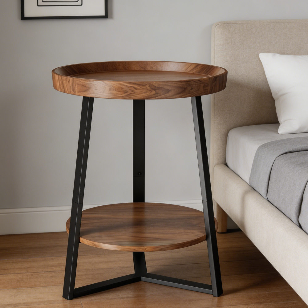 15.7" Brown Round End Table 2-Tier with Storage Shelf